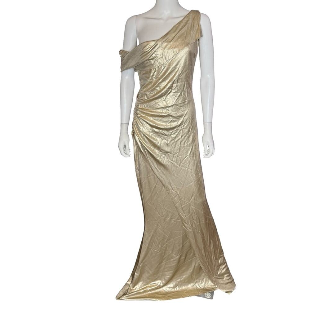 Chiara Boni Gold One-Shoulder Satin Evening Gown - Picture 2 of 12